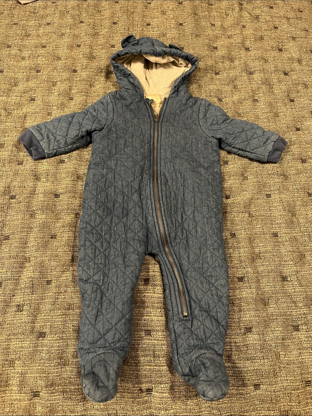 First Impressions Quilted Blue Hooded One-Piece Bodysuit